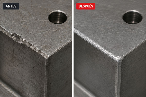 Antes y después: Borde de partición desgastado reparado con microsoldadura láser